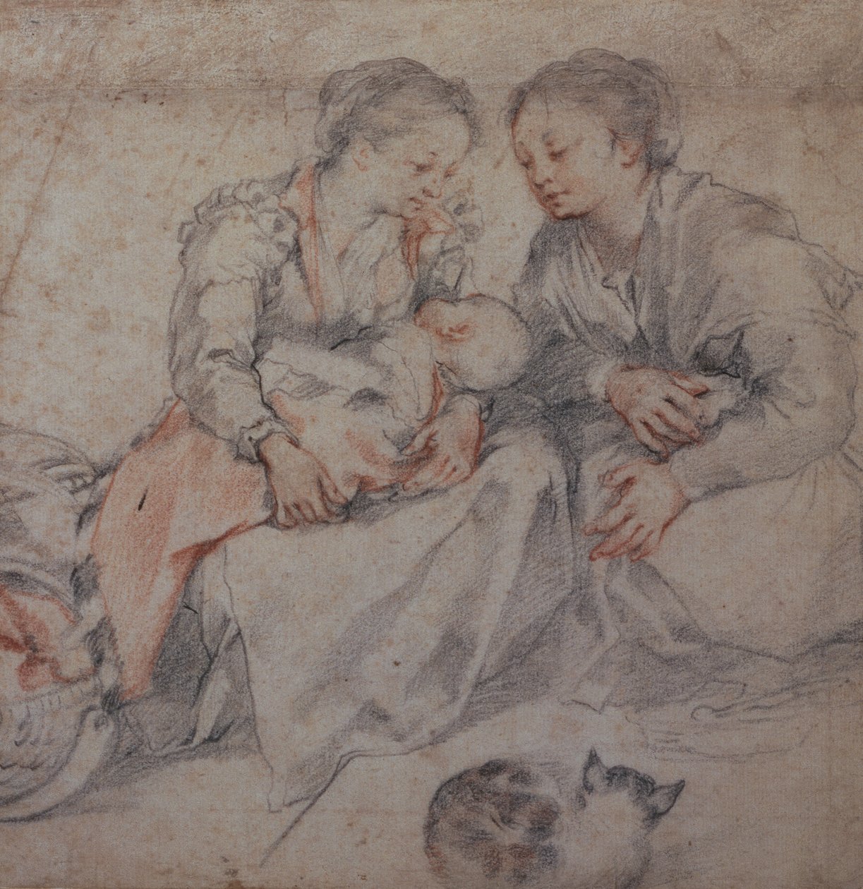 To kvinner og en baby med en katt (kritt) av Francesco Vanni
