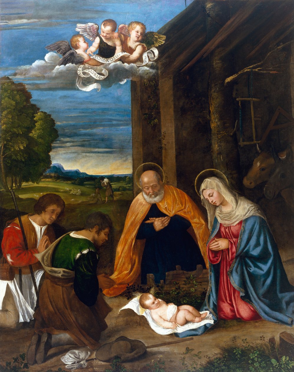 Fødselen med hyrder, ca. 1519-26 av Francesco Vecellio