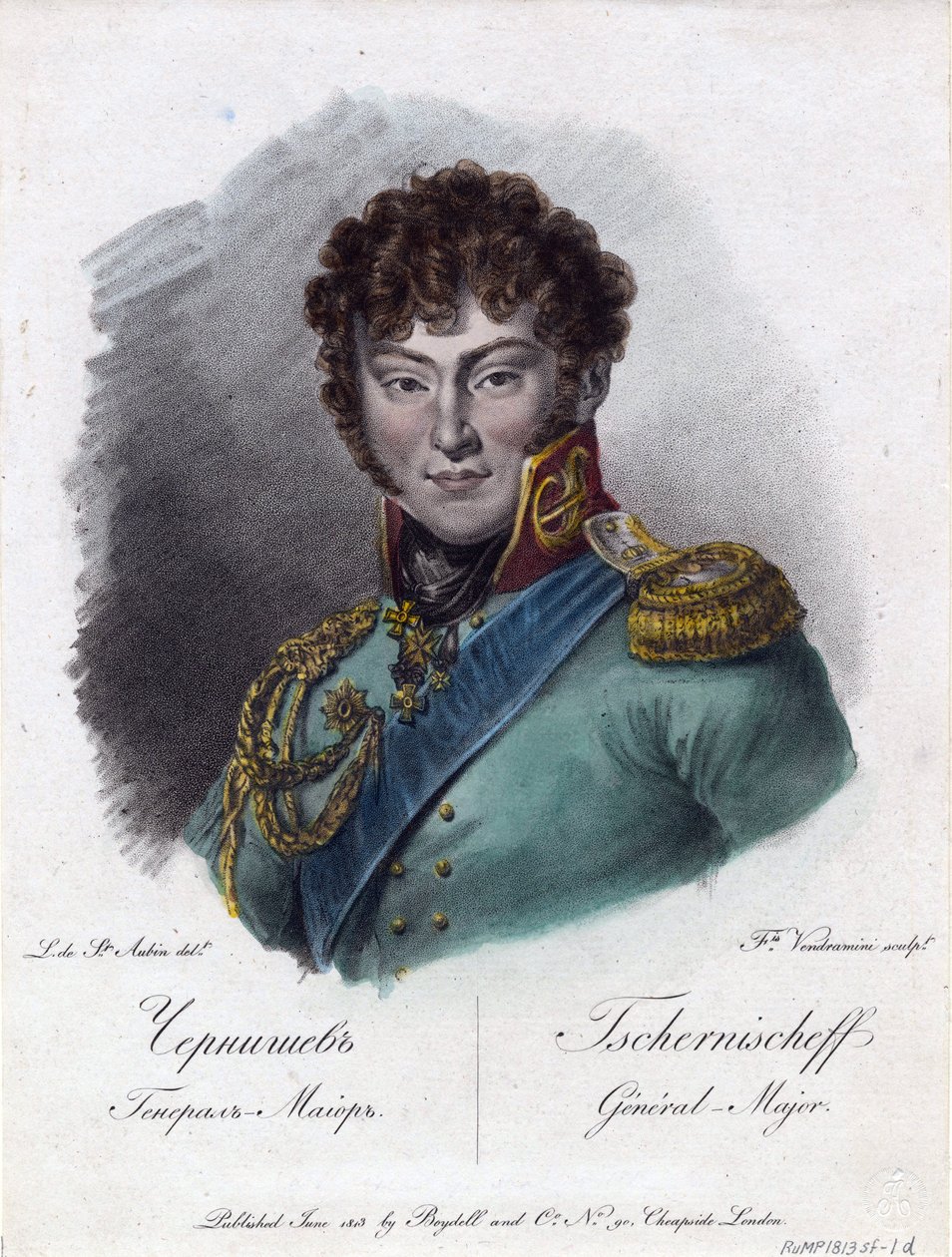 Portrett av grev Alexander Ivanovich Chernyshov (Prins Alexandre Ivanovitch Tchernychev ou Tchernychiov ou Czernichev) (1786-1857) - Vendramini, Francesco (1780-1856) - 1813 - Etsning, akvarell - 22,2x18, av Francesco Vendramini