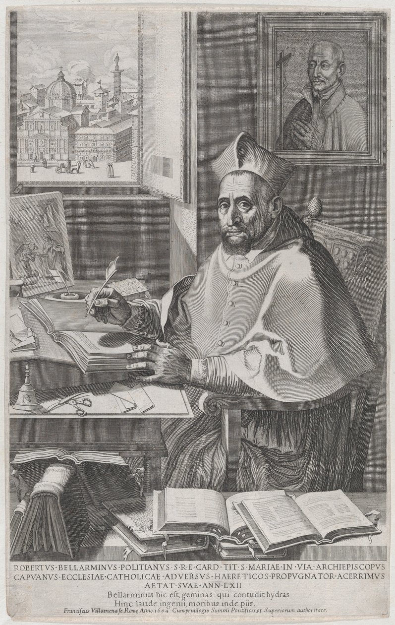 Kardinal Roberto Bellarmino ved skrivebordet hans, skriver, 1604. av Francesco Villamena