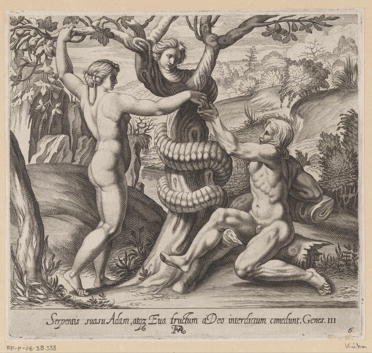 Eva tilbyr Adam den forbudte frukten Malerier i Raphaels Loggia (serietittel) La Sacra Genesi (serietittel) av Francesco Villamena