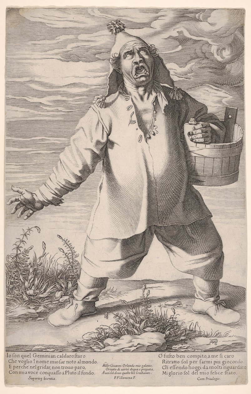 Geminiano Caldarostaro gråter og holder et badekar, med en hatt med dusk, ca. 1597-1601. av Francesco Villamena