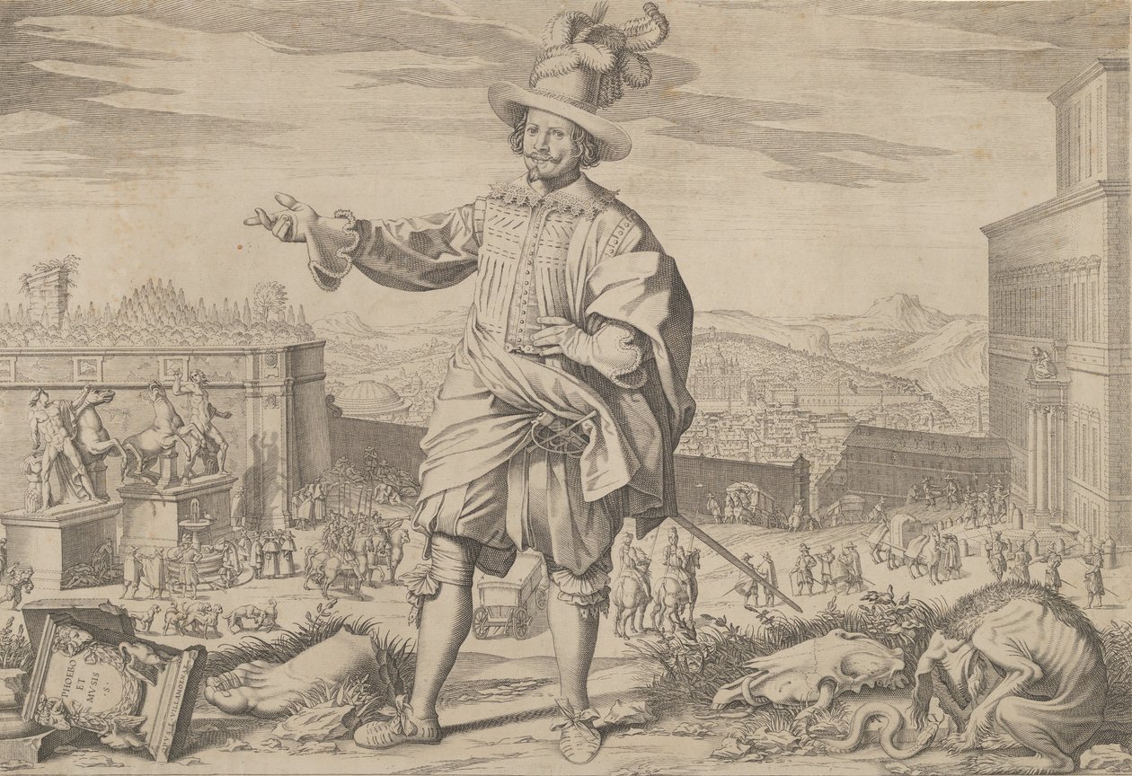 Portrett av Ioannes Altus Johann Alten, fra den sveitsiske garde, stående ved Quirinal og..., 1623. av Francesco Villamena