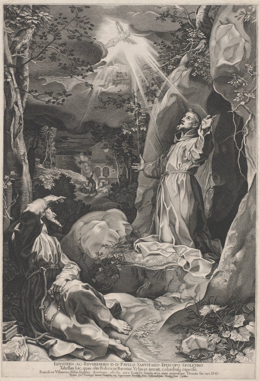 Saint Francis mottar Stigmata av Francesco Villamena, after Federico Barocci