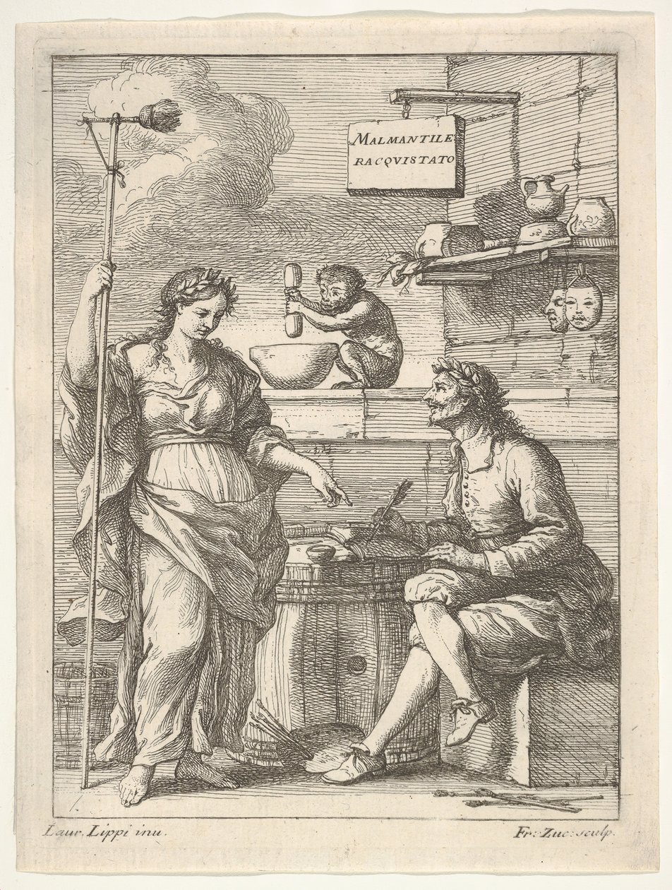 En ape som arbeider med en morter og en stamper, nedenfor Lorenzo Lippi skriver sin humoristiske ..., ca. 1710-64. av Francesco Zuccarelli