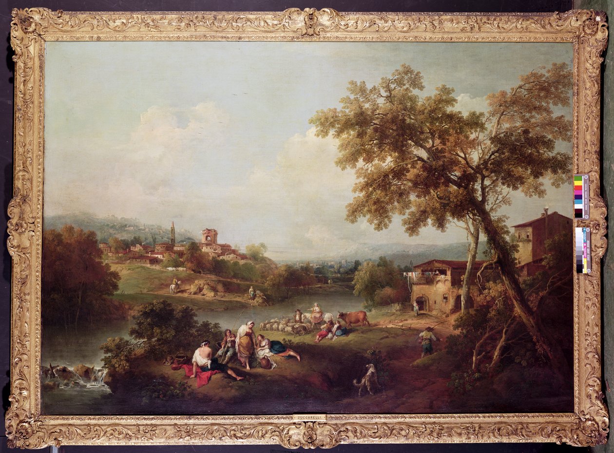 Et omfattende elvelandskap med en landsby av Francesco Zuccarelli