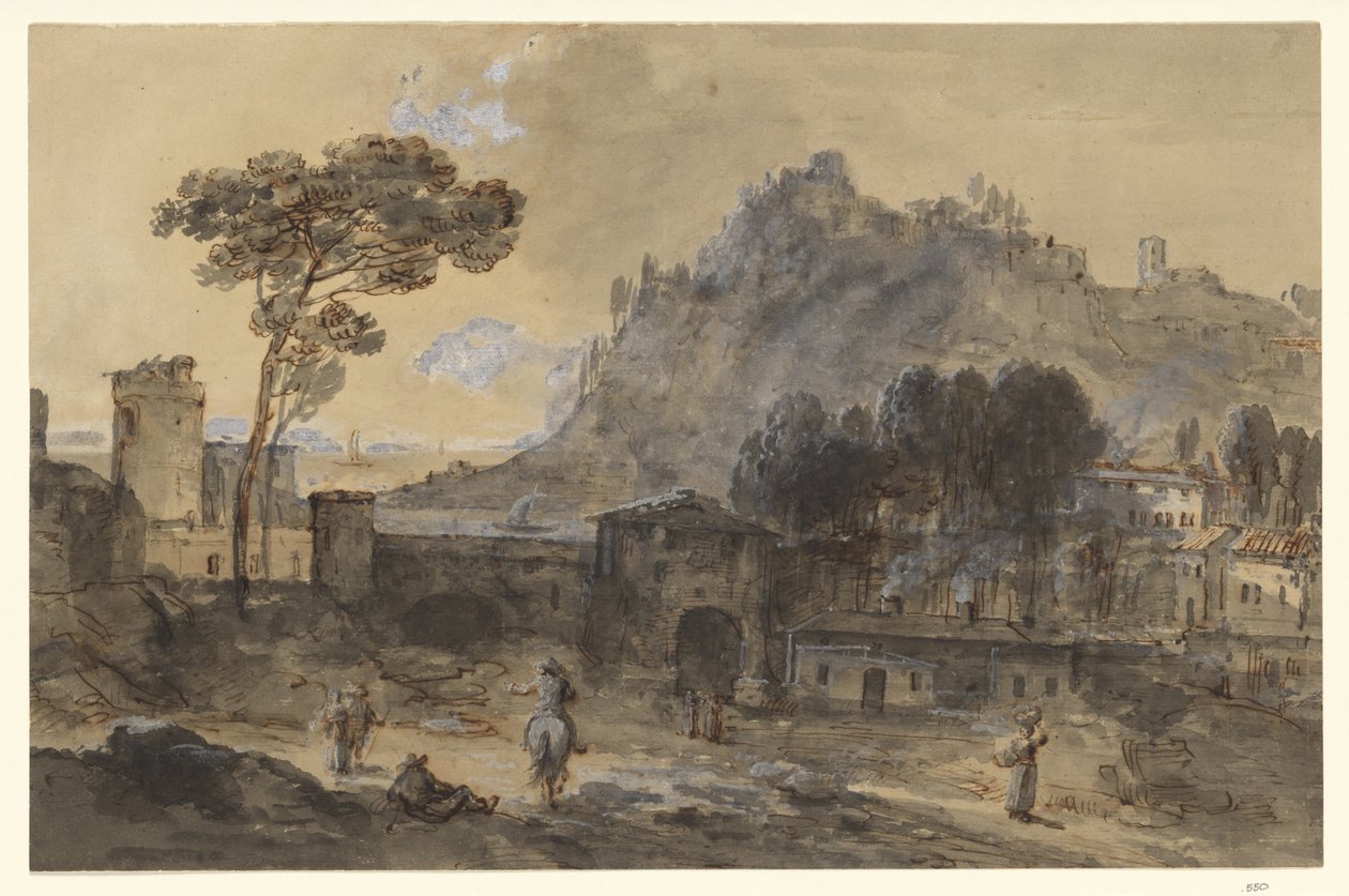 Klassisk landskap: en by og et fjell ved kysten av Francesco Zuccarelli