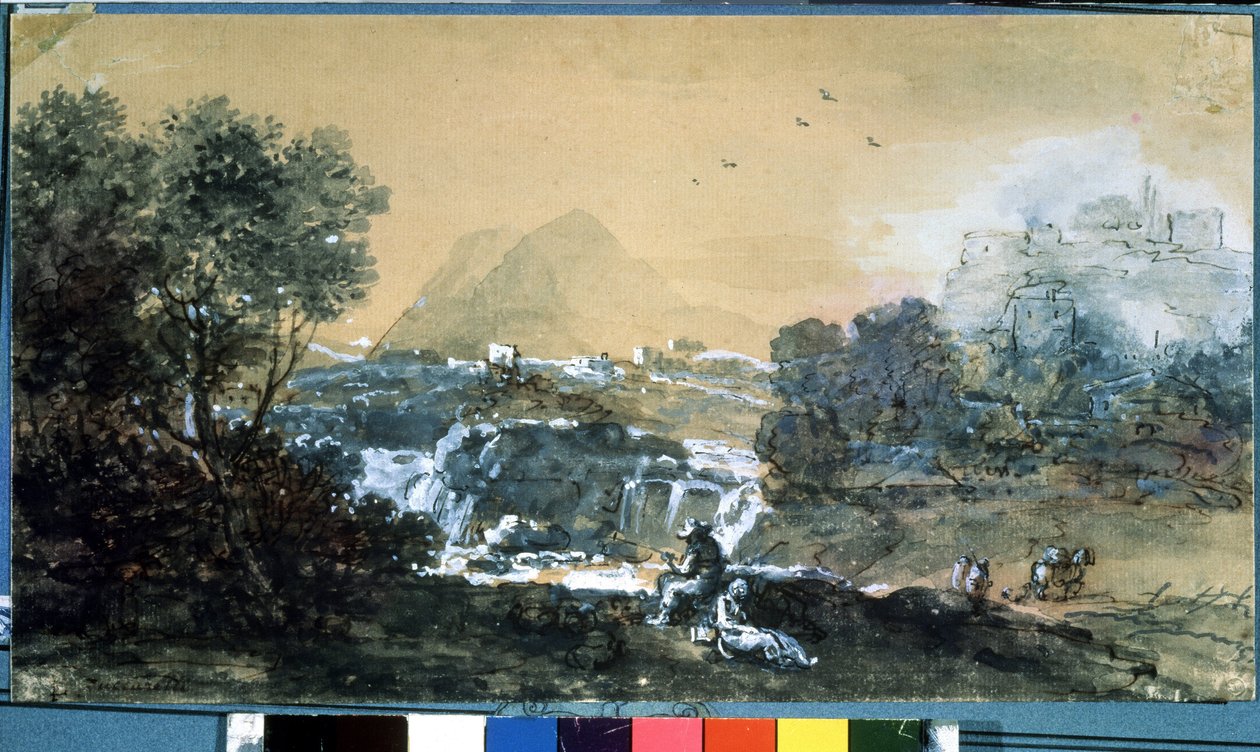 Landskap med en foss. Tegning av Francesco Zuccarelli (1702-1788). Akvarell og blekk på papir av Francesco Zuccarelli