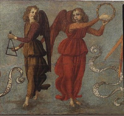 Engler som spiller tamburin og trekanten, ca. 1475-97 (tempera på panel) (detalj av 64871, se også 64872 og 64874) av Francesco attr. to Botticini