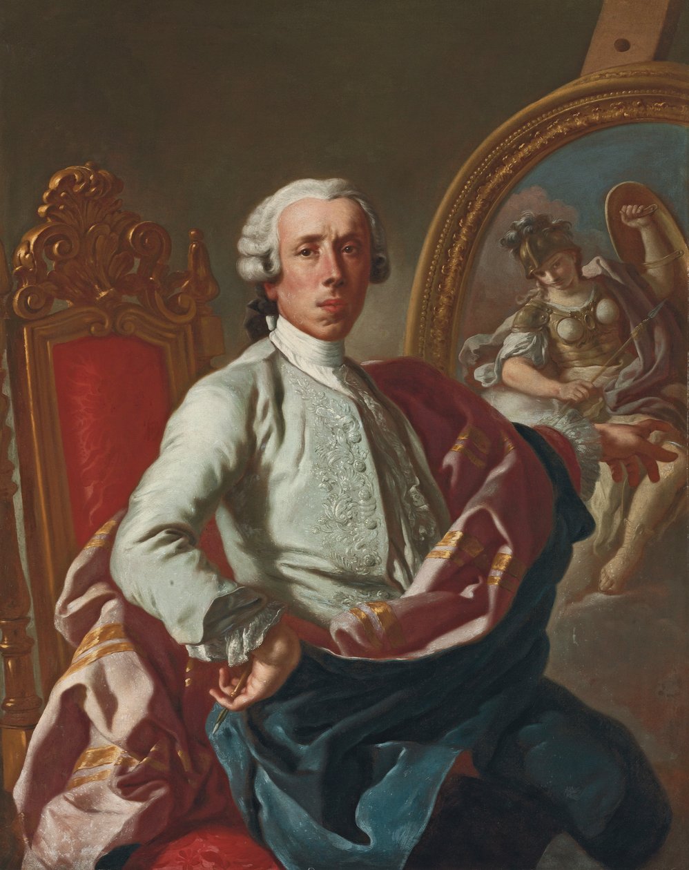 Portrett av kunstneren, trekvartlengde, sittende, med en blyant, ved et staffeli med et bilde av Minerva av Francesco de Mura