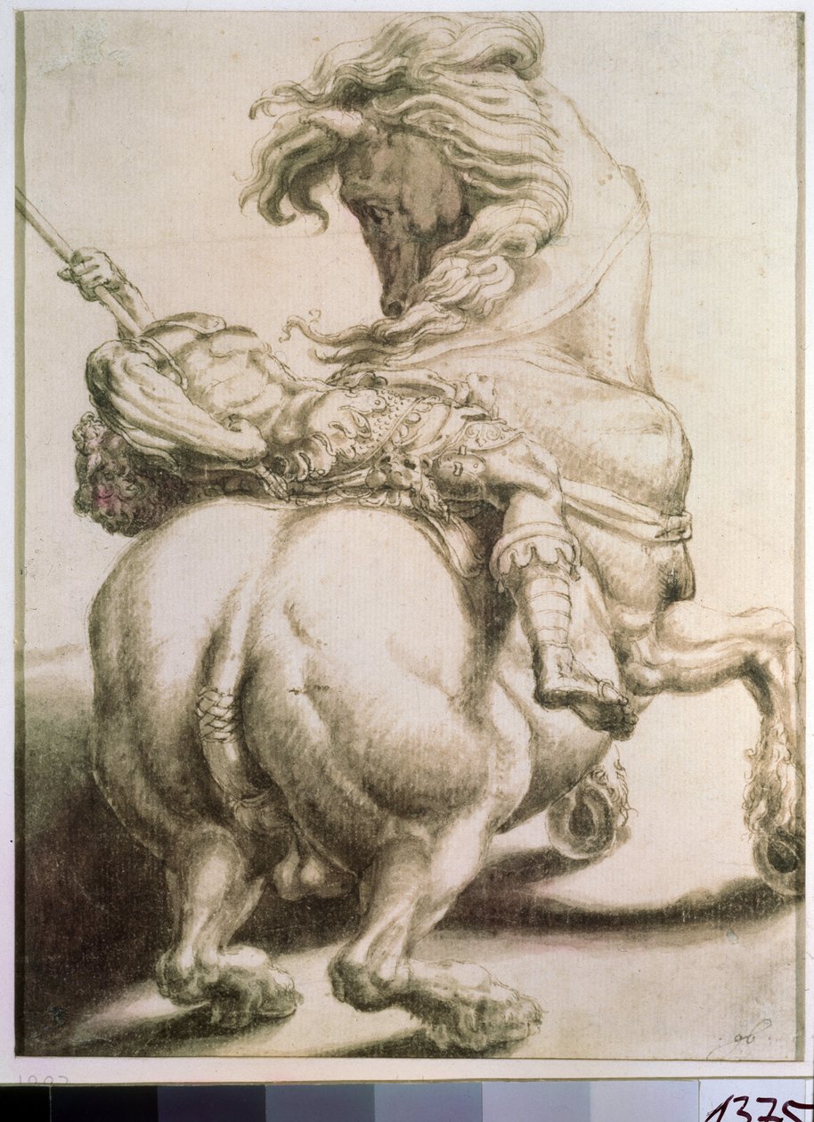 Rytter gjennomboret av et spyd. Tegning av Francesco de Rossi (1510-1563). Grisaille på papir, 20 x 15 cm av Francesco de Rossi Salviati