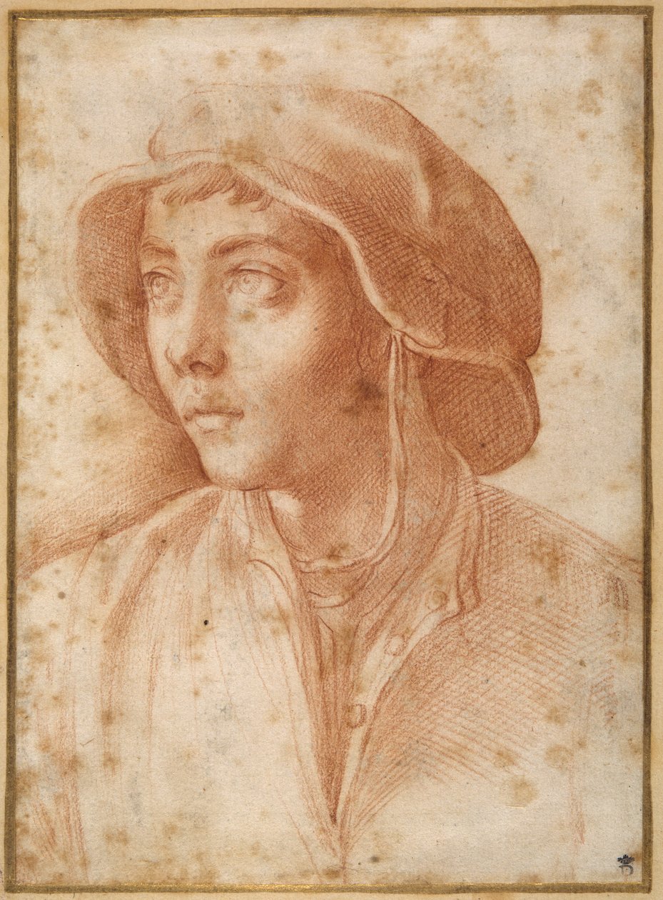 Bysteportrett av en gutt med lue (rødt kritt på krempapir) av Francesco de Rossi Salviati Cecchino