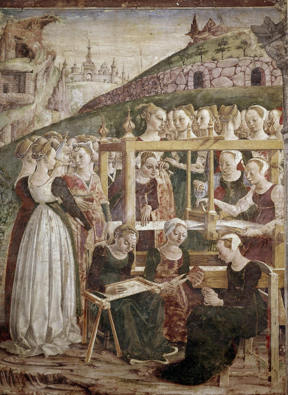 Allegori om marsj, detalj om triumf av Minerva med kvinner som vever) detalj - freskomaleri av Francesco del Cossa (ca. 1436-vers 1478) Ferrara (Ferrara) Palazzo Schifanoia, Salone dei Mesi av Francesco del Cossa