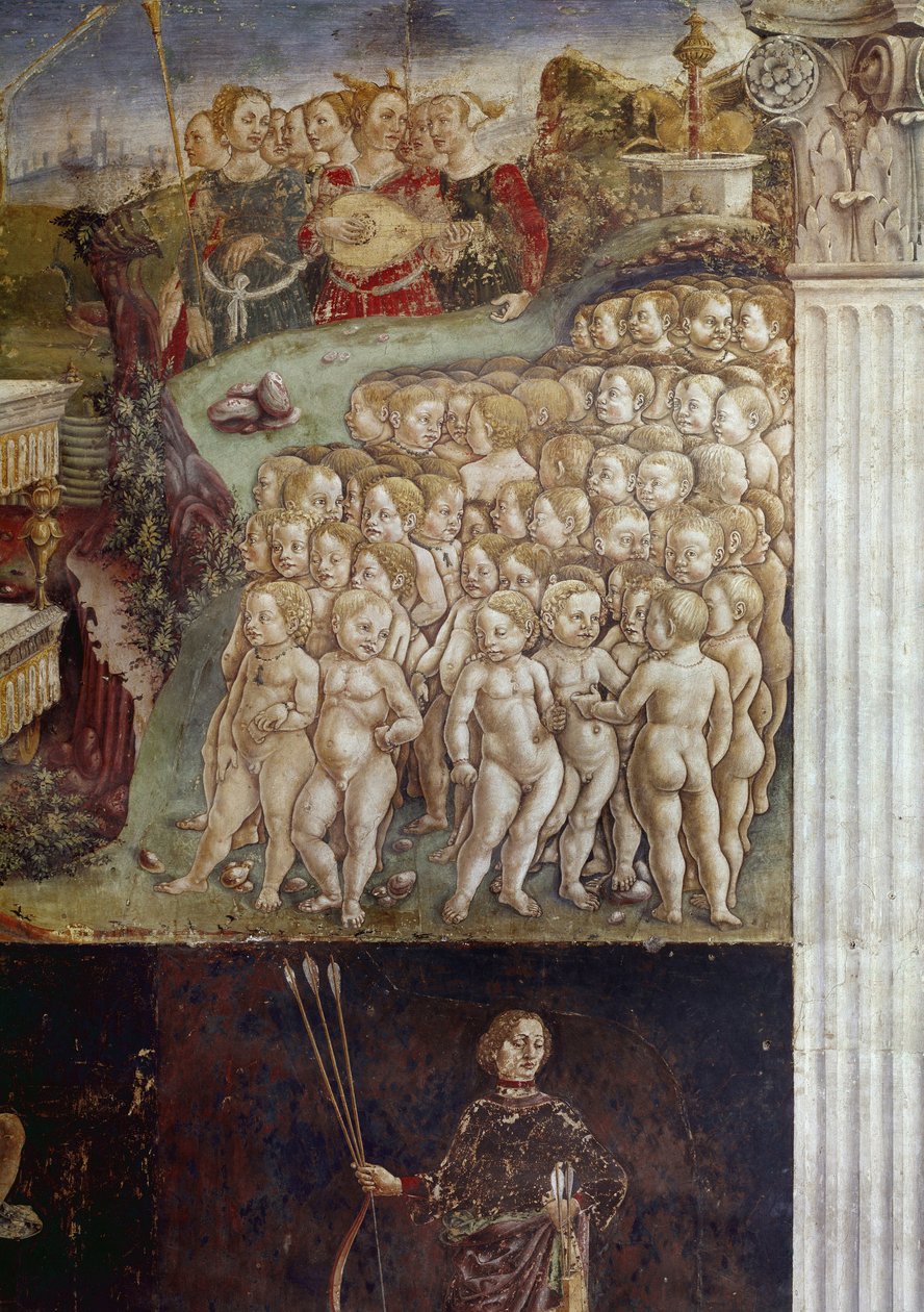 Allegori om mai måned, detalj om triumf av Apollo, nakne barn og ni muser detaljer freske av Francesco del Cossa (ca.1436-rundt 1478) Ferrara (Ferrara) Palazzo Schifanoia, Salone dei Mesi av Francesco del Cossa