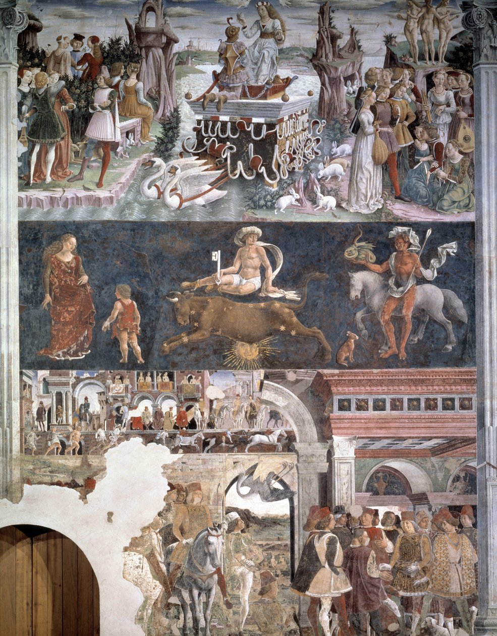 April. Øverst: Venus triumf (Aphrodite) med de tre nådene og par som kysser. I midten: representasjon av stjernetegnet til oksen. Under: Borso d