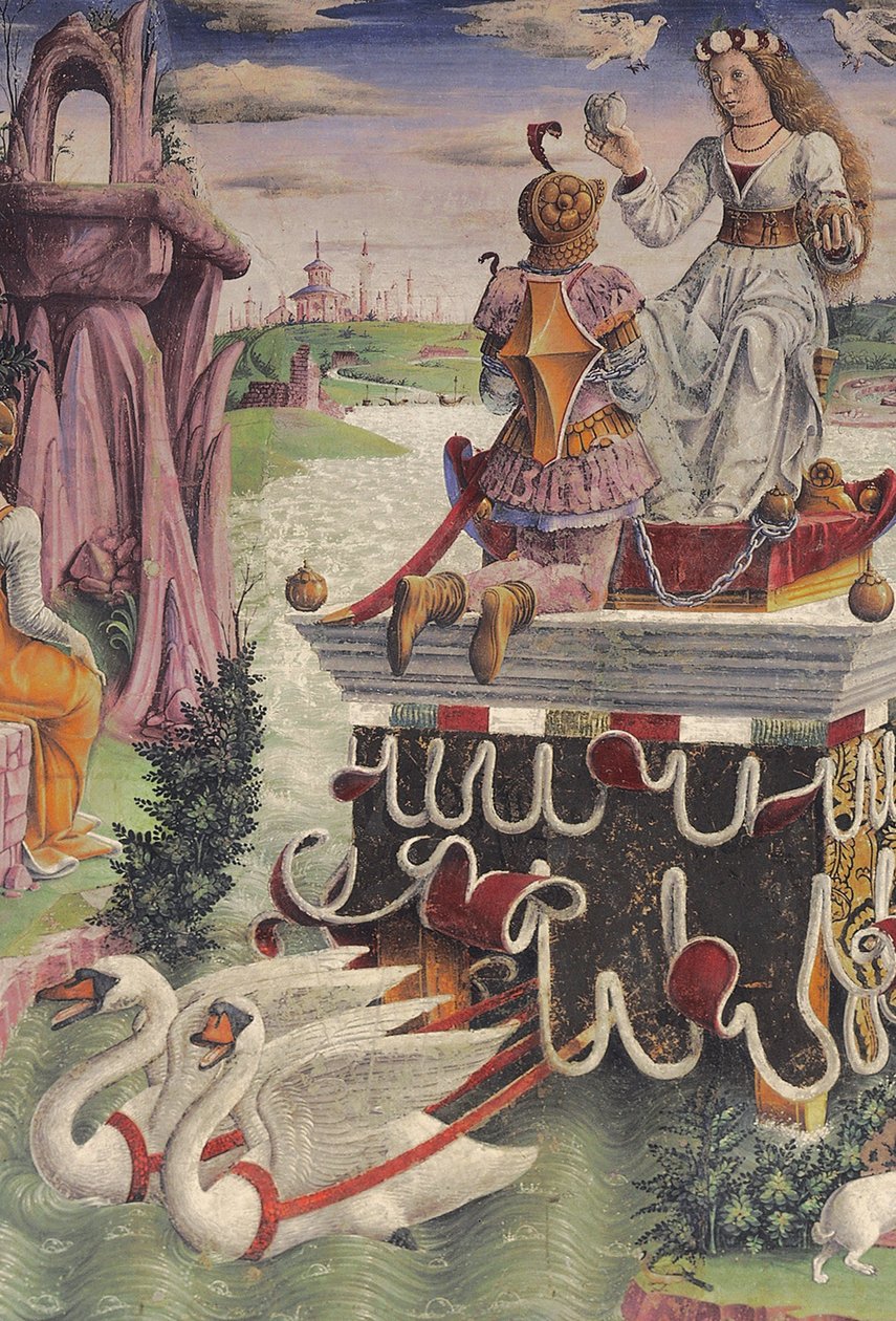 Venus triumf og Tyrens tegn, scener fra april måned, østveggen, Månedens hall, Palazzo Schifanoia (gledens palass), Ferrara, Emilia-Romagna, Italia, ca. 1470 (fresco) (detalj av 763493) av Francesco del Cossa
