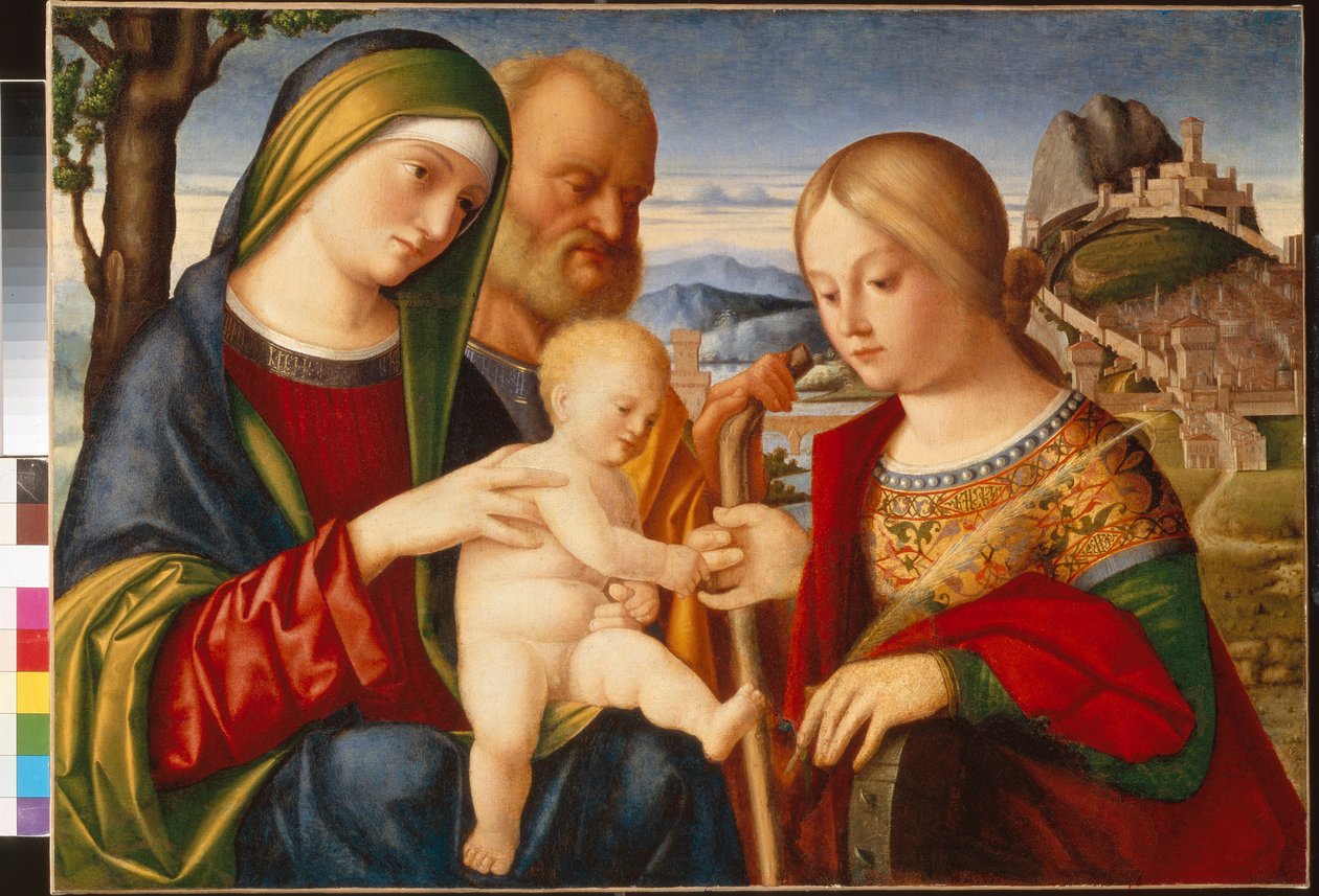 The Mystical Marriage of Saint Catherine - Maleri av Francesco di Bernardo de Vecchi Santacroce (1505-1545), olje på lerret, 47,5x67 cm - The Mystical Marriage of Saint Catherine, Olje på lerret av Francesco di Bernardo de Vecchi Santacroce - State A Push av Francesco di Bernardo de Vecchi Santacroce