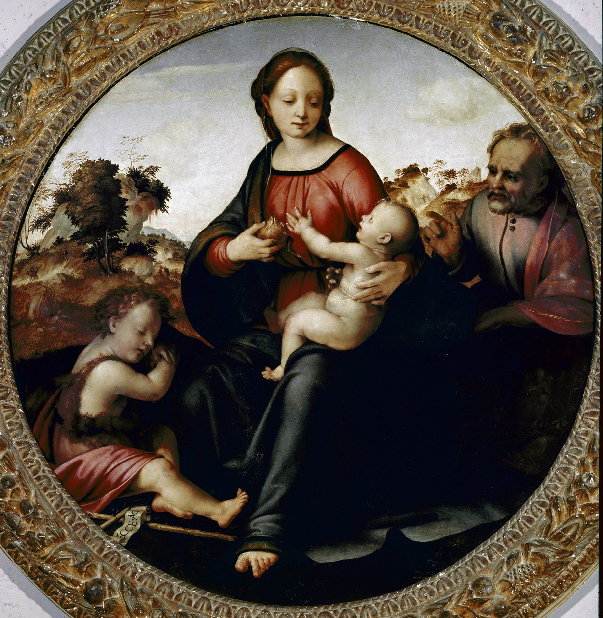Hellig familie med den lille døperen Johannes (Hellig familie med den lille døperen Johannes) Maleri av Francesco di Cristofano dit il Franciabigio (1482 Ð1525) ca. 1516 Dim 97 cm Florence Galleria del 