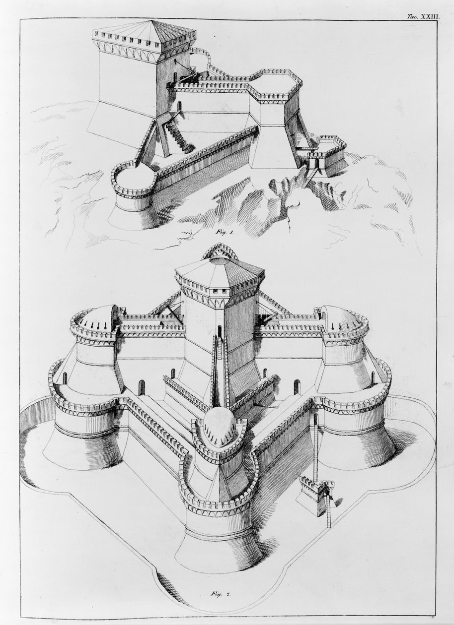 Festninger designet for å muliggjøre forsvar mot angrep fra alle retninger (litho) av Francesco di Giorgio (after) Martini