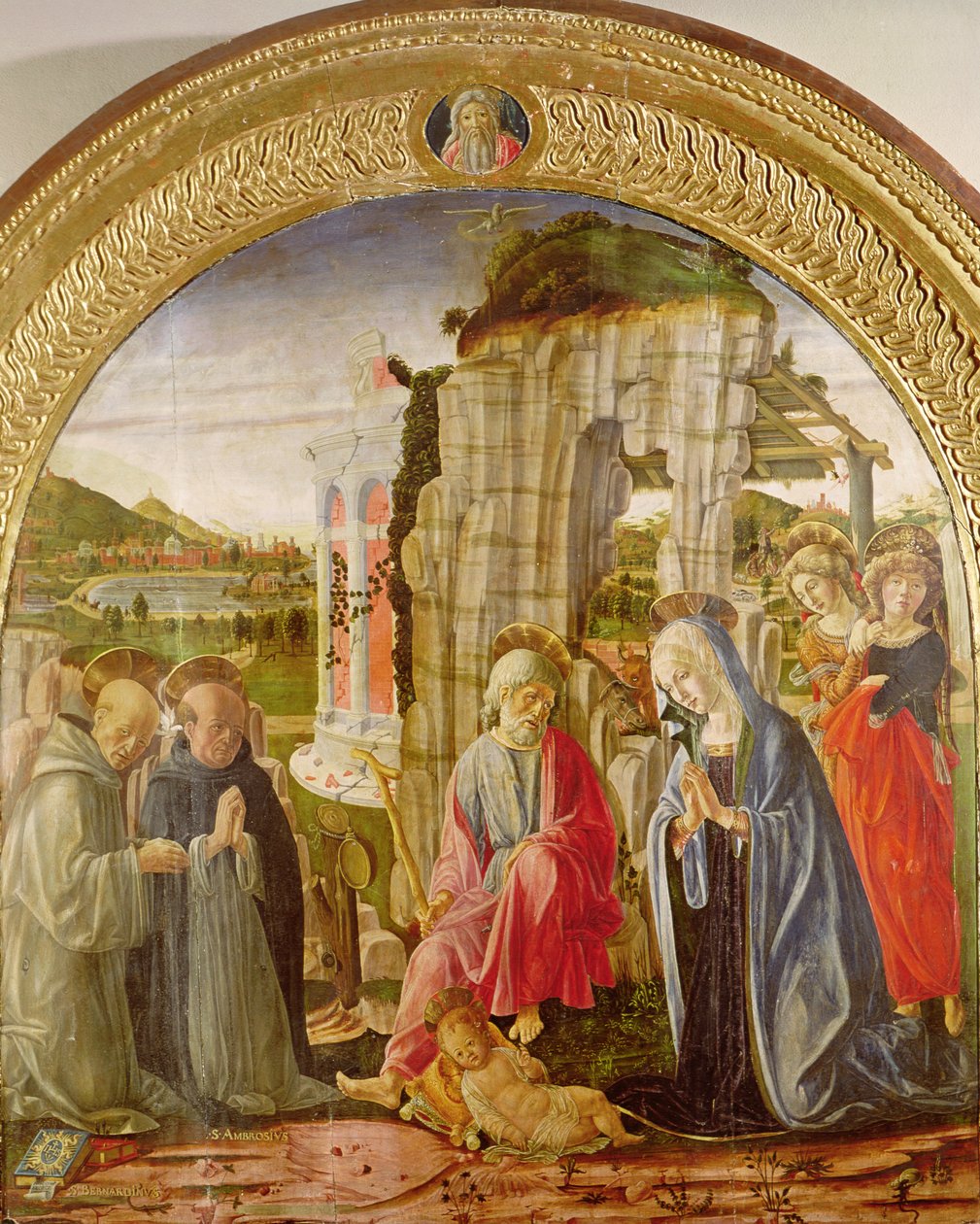 Tilbedelse av barnet av St. Ambrose og St. Bernard (olje på panel) av Francesco di Giorgio Martini