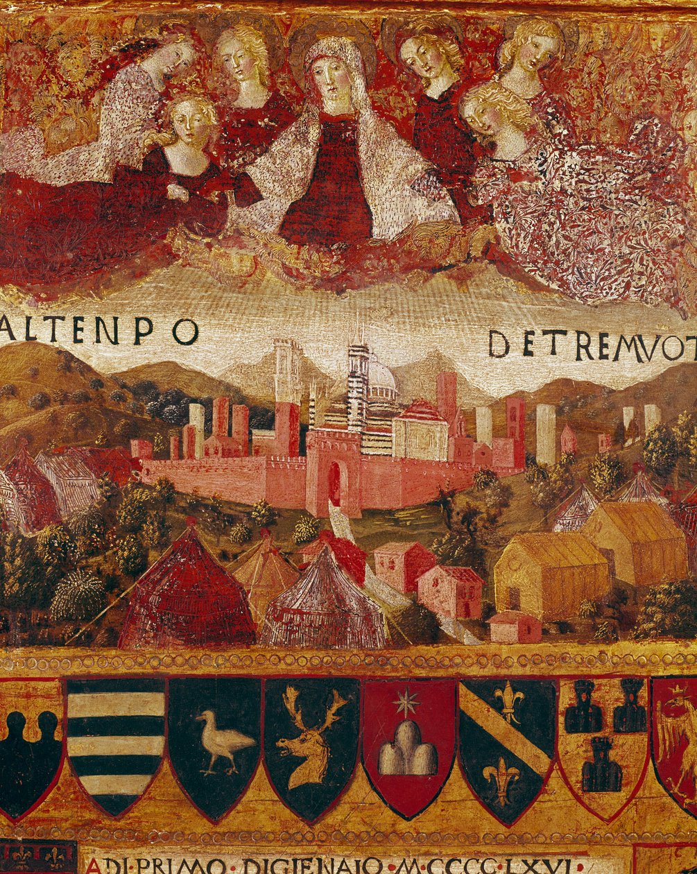 Ex voto (eller ex voto): "" Jomfru Maria beskytter byen Siena på tidspunktet for jordskjelvene 1466-1467"" Detalj. Tremaleri av Francesco di Giorgio Martini (1439-1502) som dekorerer en Biccherna (omslaget til regnskapsregisteret til byen Si av Francesco di Giorgio Martini
