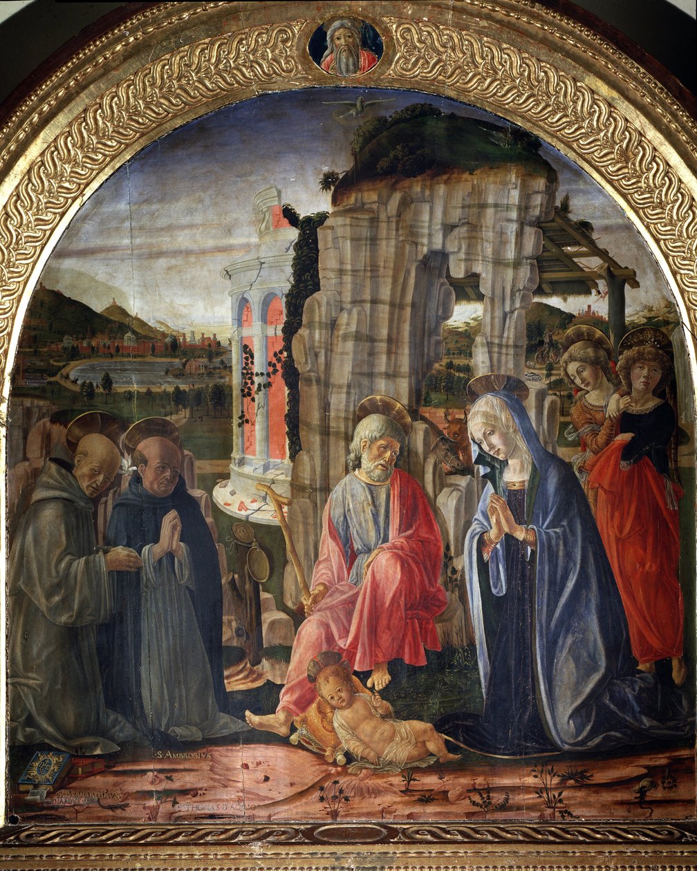 Fødsel med St. Bernard og St. Thomas Aquinas - Maleri av Francesco di Giorgio Martini