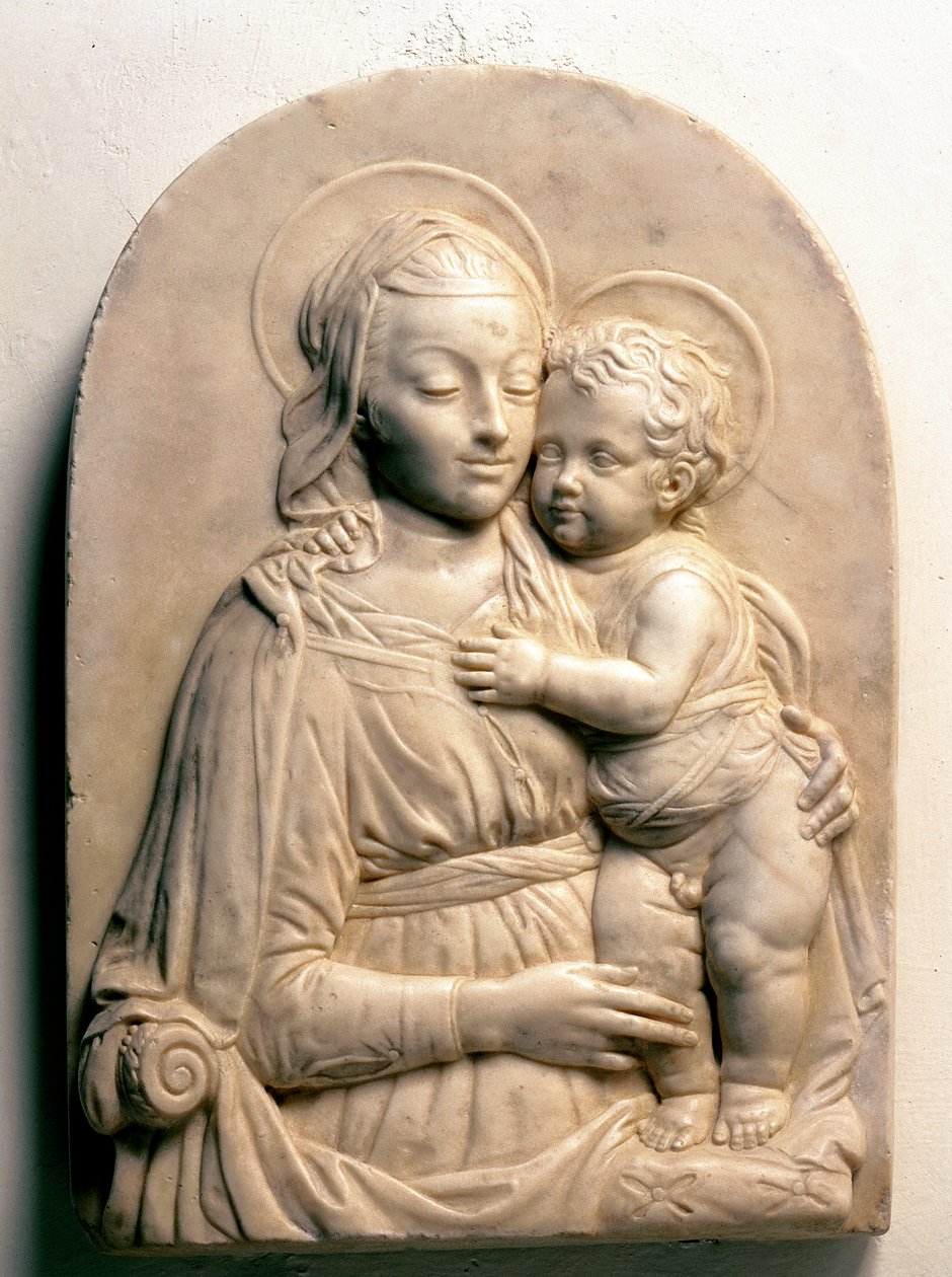 Jomfruen med barnet. Marmor lavrelieff av Francesco di Simone da Fiesole Ferrucci