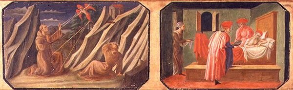 (LtoR) St. Frans av Assisi mottar stigmata, SS. Cosmas og Damian helbreder en syk mann; kopier av originale paneler som utgjør en del av Predella to the Madonna and Child Enthroned av Filippo Lipp av Francesco di Stefano Pesellino
