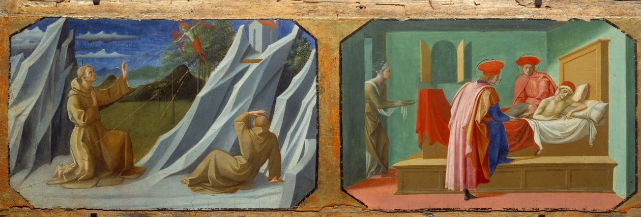 Saint Francois av Assisi mottar stigmas, Saint Cosimo (Kom eller Cosimo) og Saint Damien som tar seg av en syk Malerier på tre av Francesco di Stefano dit Pesellino (ca. 1422-1457) 1400-tallet Søn. 0,32x0,94 m av Francesco di Stefano Pesellino