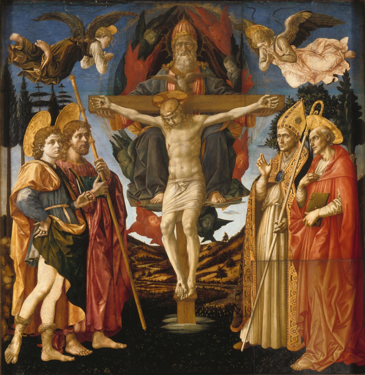Det hellige treenighetspanelet til Pistoia Santa Trinità-altertavlen, 1455-1460 av Francesco di Stefano Pesellino