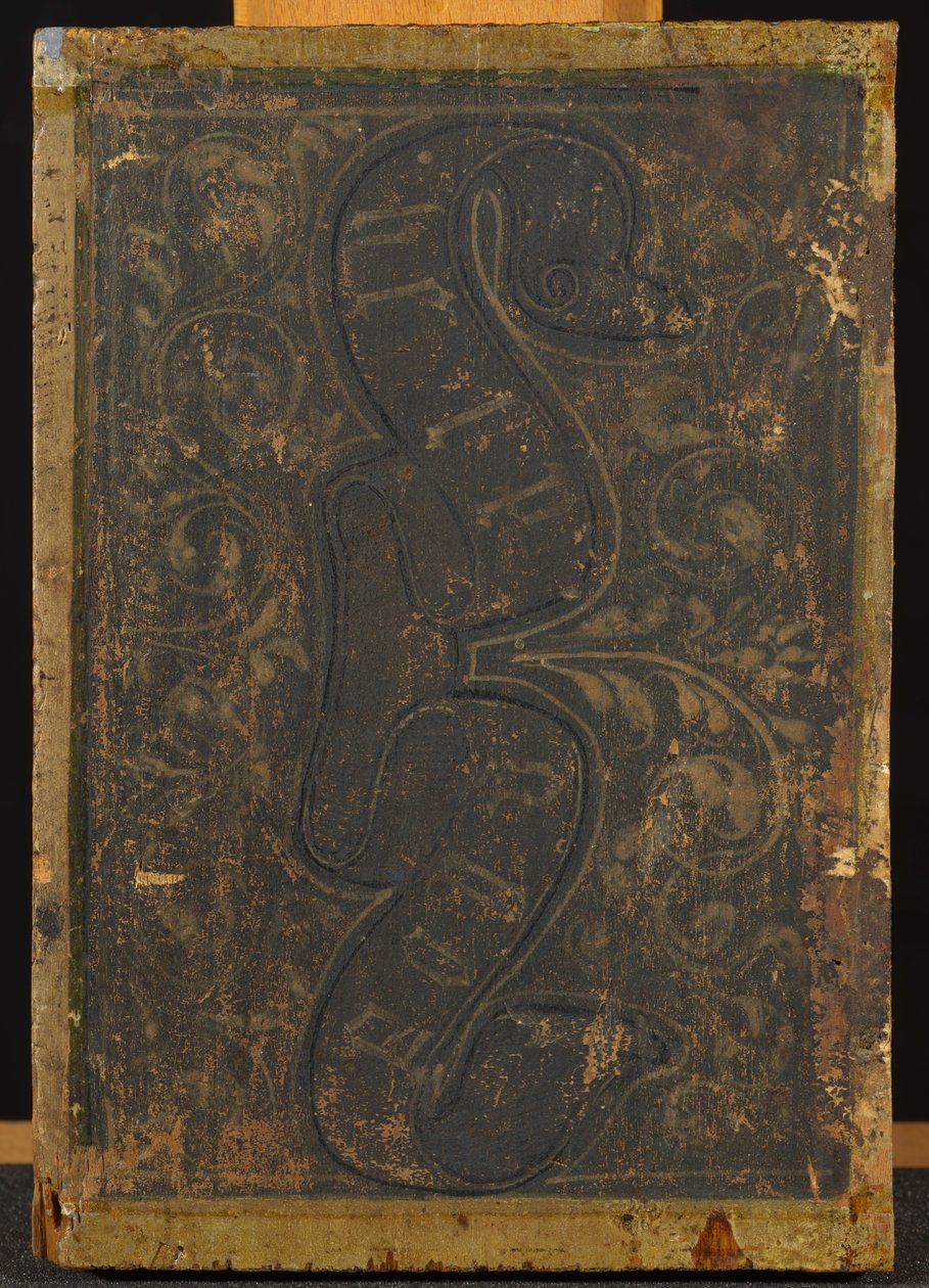 Verso of Annunciation Diptych med rulle med bokstaver og blomstermotiv av Francesco di Stefano Pesellino