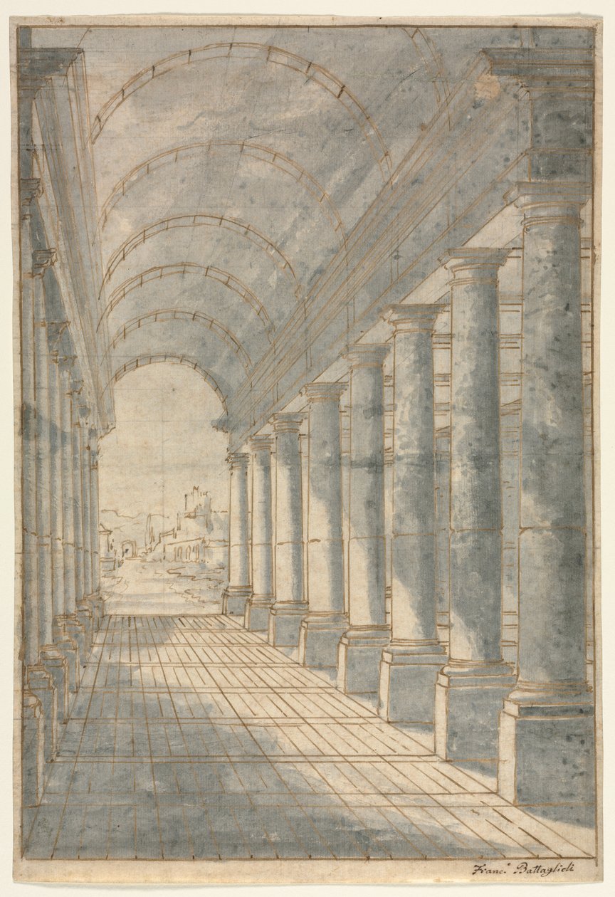 Tønnehvelvet arkade gjengitt i perspektiv, 1700-tallet. av Francessco Battaglioli