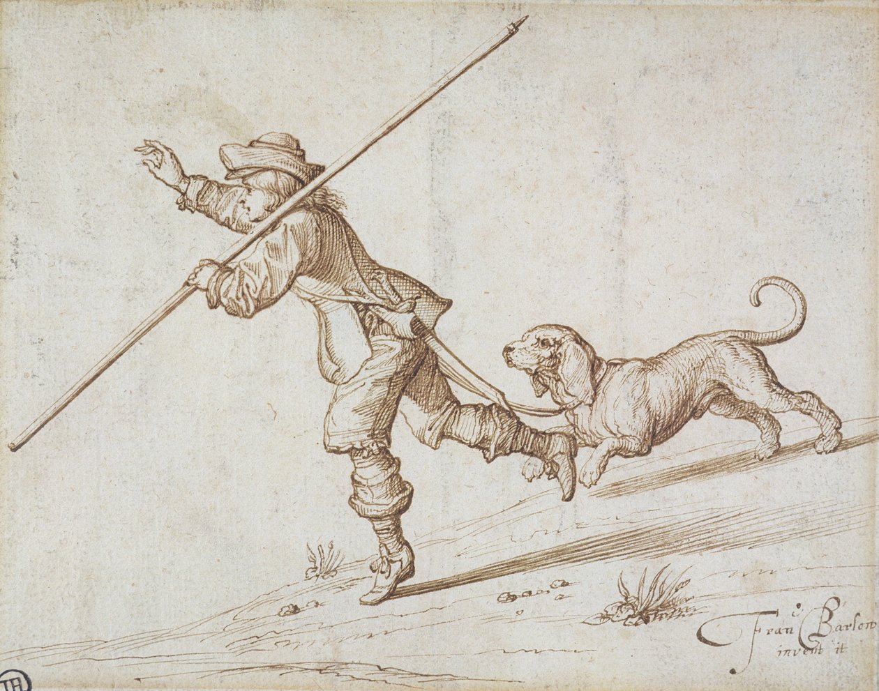 Mann på jakt med en spiss stav og en hund (penn og brunt blekk på papir) av Francis Barlow