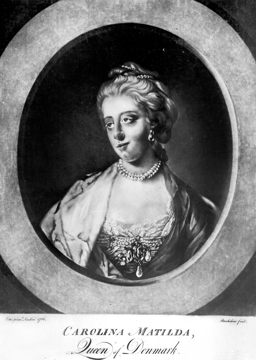 Caroline Matilda, dronning av Danmark og Norge, gravert av Brookshaw av Francis Cotes