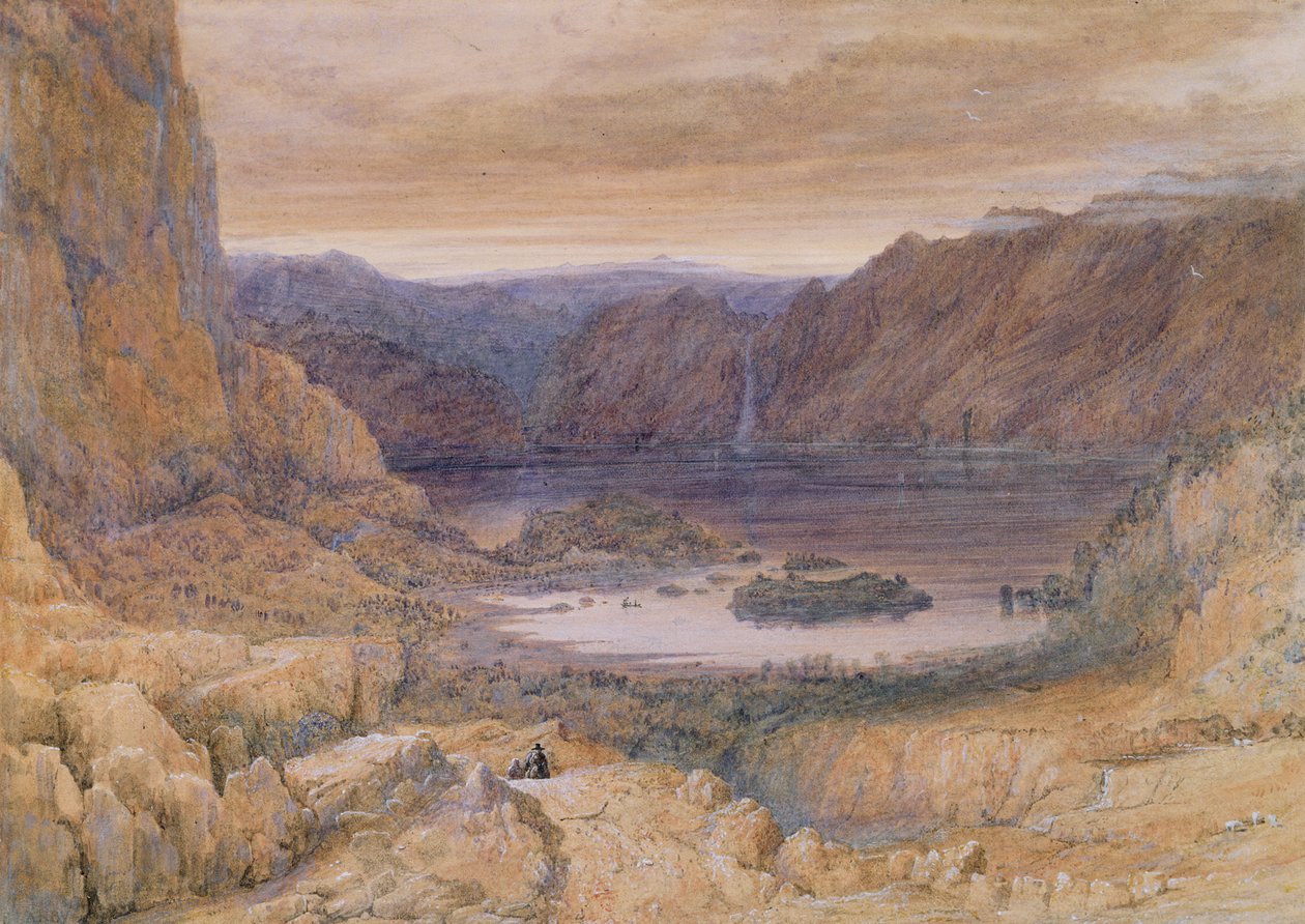 A Mountain Lake, Norge, ca. 1827 (wc und gouache på papir) av Francis Danby