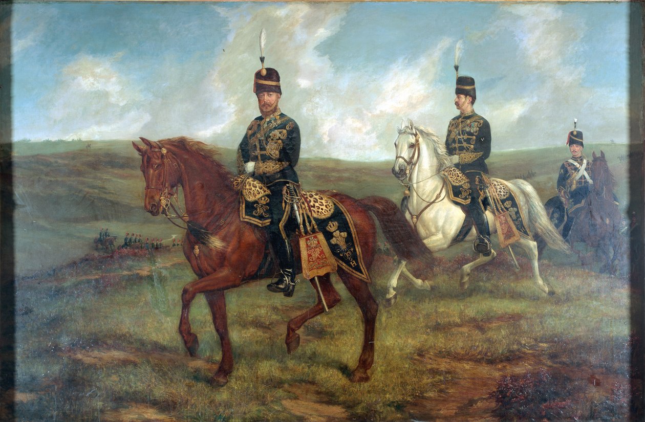 Prinsen av Wales (1841-1910) med oberstløytnant Valentine Baker (1827-87) gjennomgår de 10. husarene, Aldershot, 8. september 1871, ca. 1871 (olje på lerret lagt ned om bord) av Francis Grant
