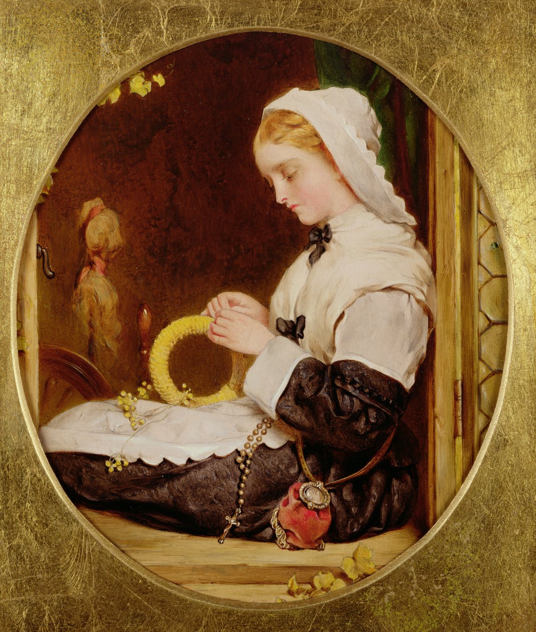 En dame som syr ved et vindu, 1859 (panel) av Francis John Wyburd