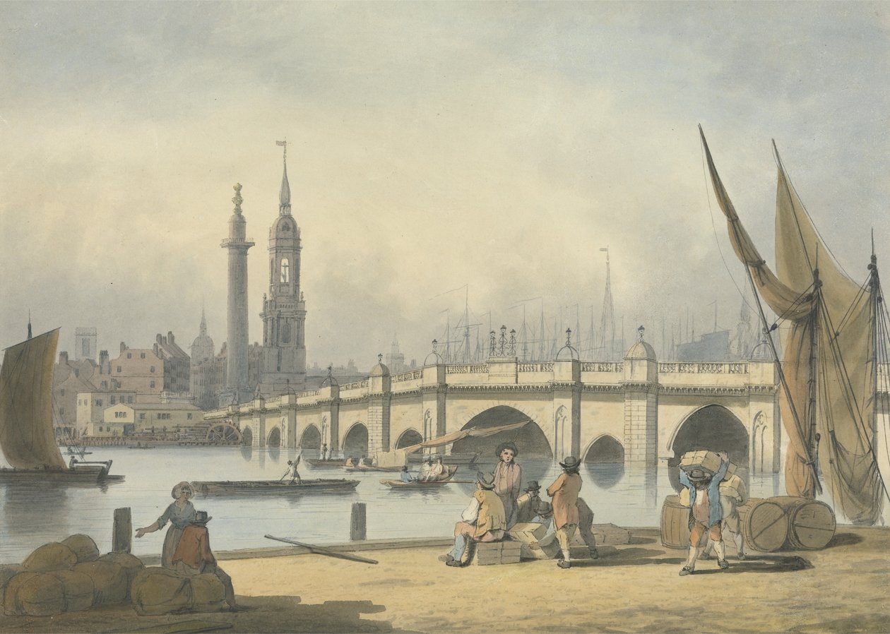 London Bridge and the Monument, ca. 1795 (grafitt, wc og blekk på papir) av Francis Nicholson