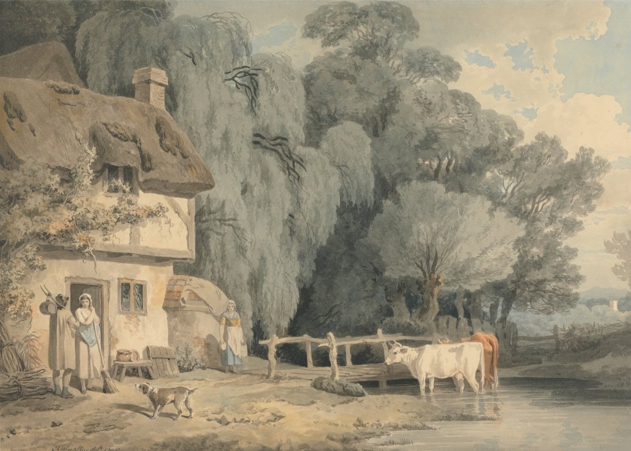 Country Scene- Figurer ved en hyttedør og storfe i en bekk av Francis Wheatley