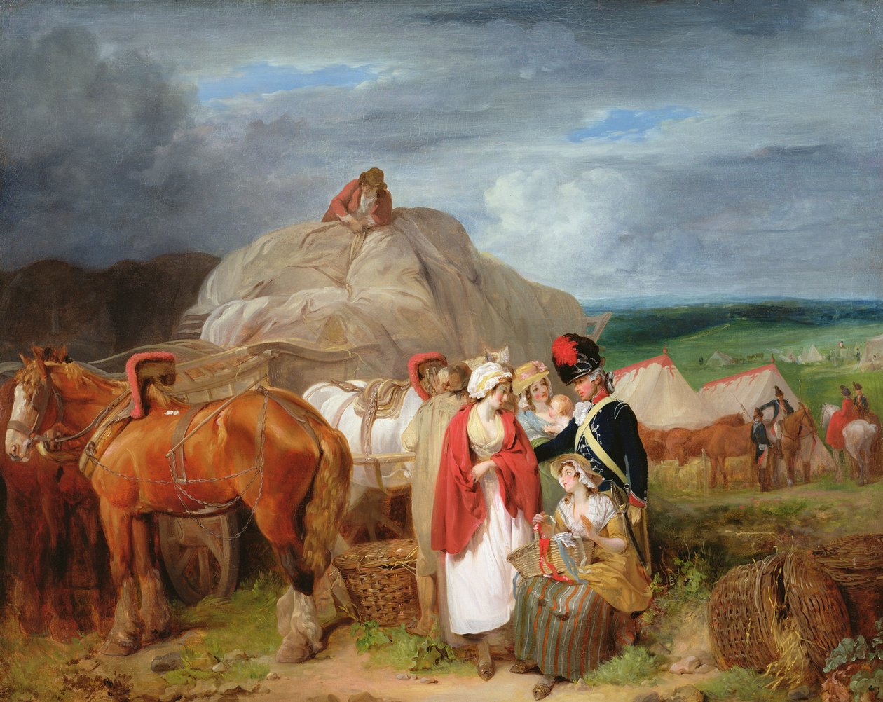 Soldat med landkvinner som selger bånd nær en militærleir, 1788 av Francis Wheatley