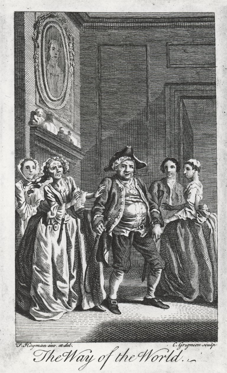 Scene fra The Way of the World, av William Congreve (1670-1729), gravering av Charles Grignon fra en tegning av Francis Hayman i Lincoln