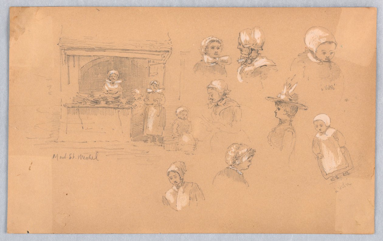 Skisser av byfolk i Mont St. Michel og Vitré av Francis Augustus Lathrop