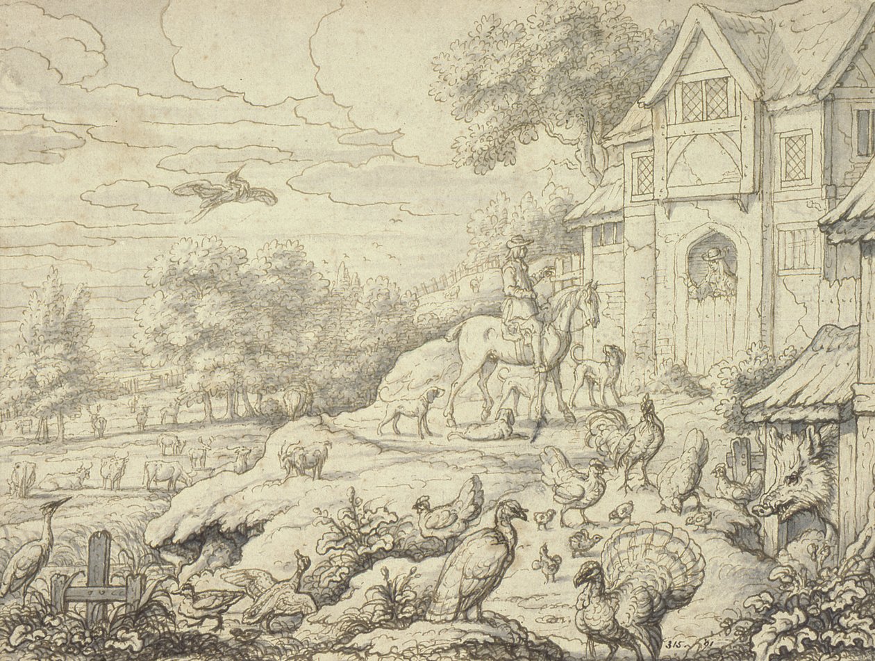 Gårdstun, med figurer og landskapsbakgrunn av Francis Barlow