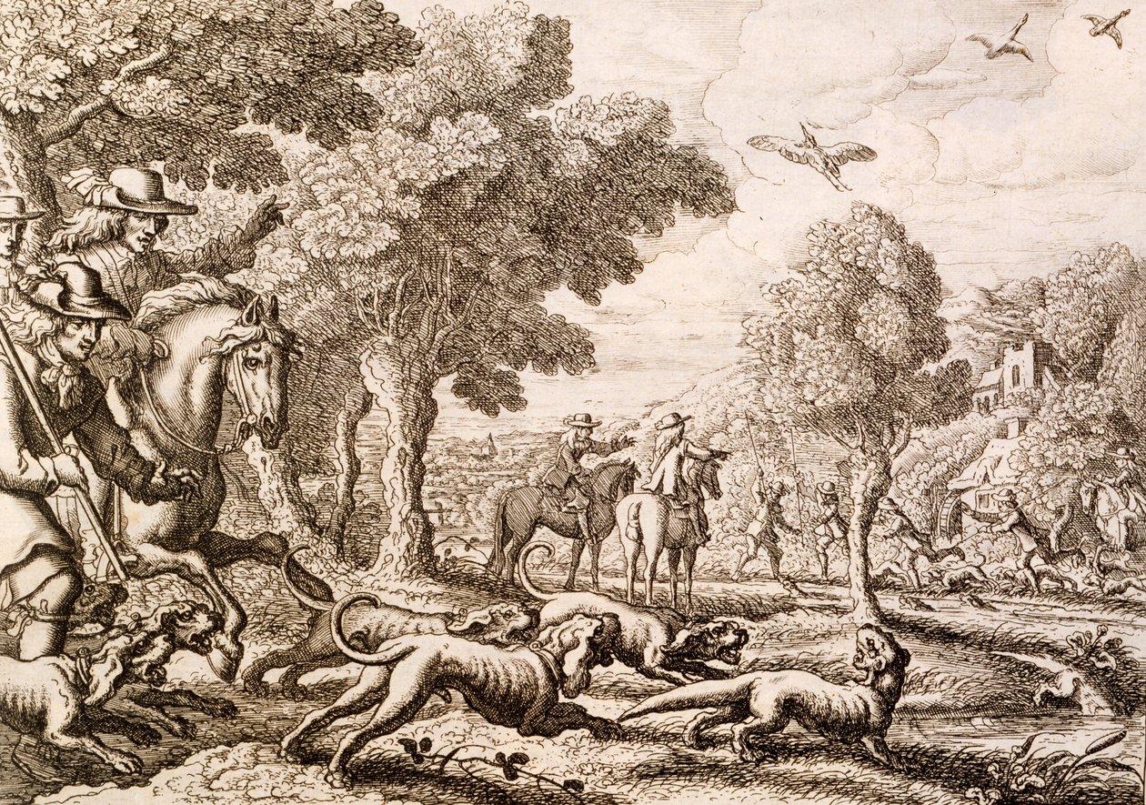Oterjakt ved en elv, gravert av Wenceslaus Hollar, 1671 av Francis Barlow