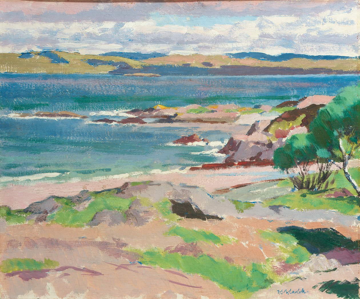 Ross of Mull fra Traigh Mhor, Iona (olje om bord) av Francis Campbell Boileau Cadell