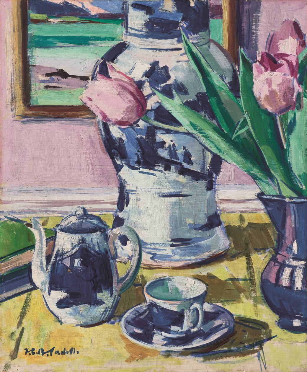 Stilleben med tulipaner og Iona av Francis Campbell Boileau Cadell