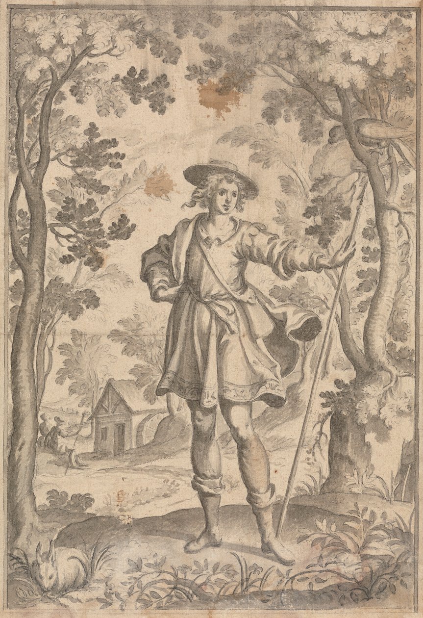 En jeger som holder et spyd i en skogsomgivelse av Francis Cleyn