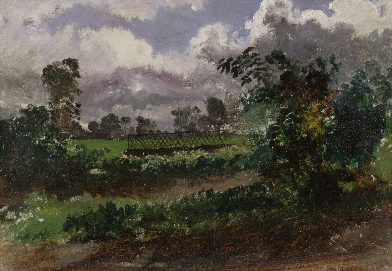 En utsikt over kunstnerens hage fra huset hans i Exmouth, Devonshire (olje på papir montert på papp) av Francis Danby