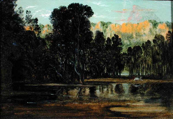 A Wooded Landscape at Sunset (olje på papir lagt på lerret) av Francis Danby