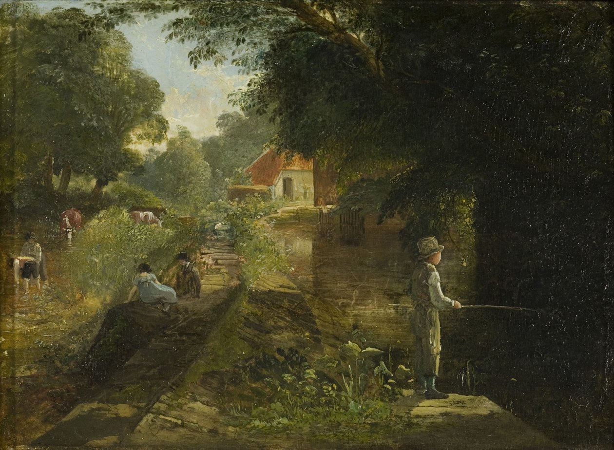 Boy Fishing, Stapleton, ca. 1822-23 (olje på kort lagt på panel) av Francis Danby